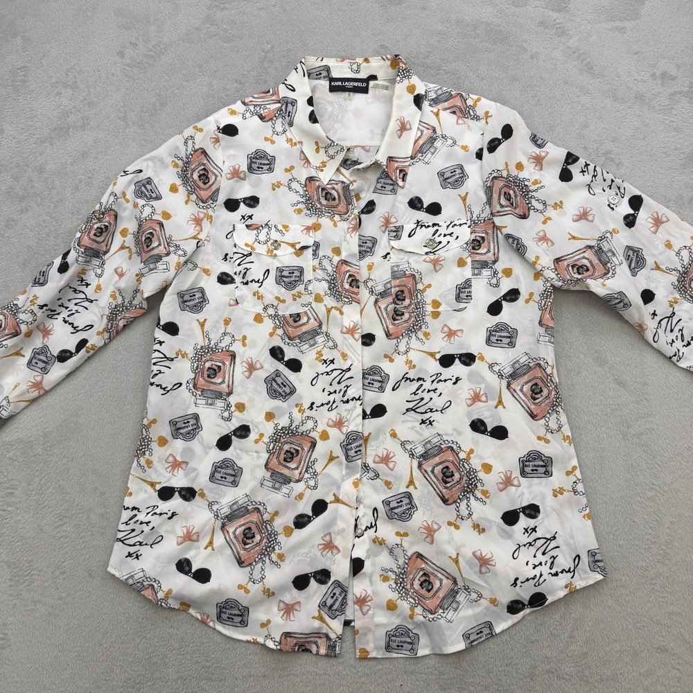 Karl Lagerfeld Womens‎ Large Paris Button Up Shirt White Perfume Novelty Print